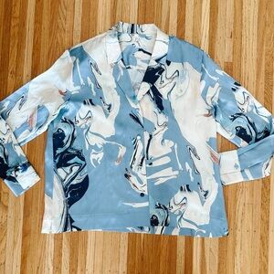 Lily Silk Abstract Blue and White Button-Up Shirt